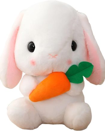 Soft Toy - Sitting Lop Eared Rabbit, Easter White Rabbit Stuffed Bunny Animal with Carrot Soft Lovely Realistic Long-Eared Standing Pink Plush Toys (White-Carrot,8.6in/22cm)