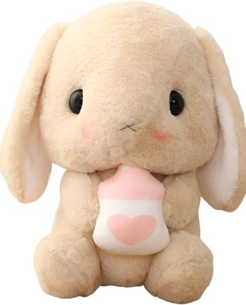 Soft Toy - Sitting Lop Eared Rabbit, Easter White Rabbit Stuffed Bunny Animal with Carrot Soft Lovely Realistic Long-Eared Standing Pink Plush Toys (Brown-Milk Bottle,8.6in/22cm)