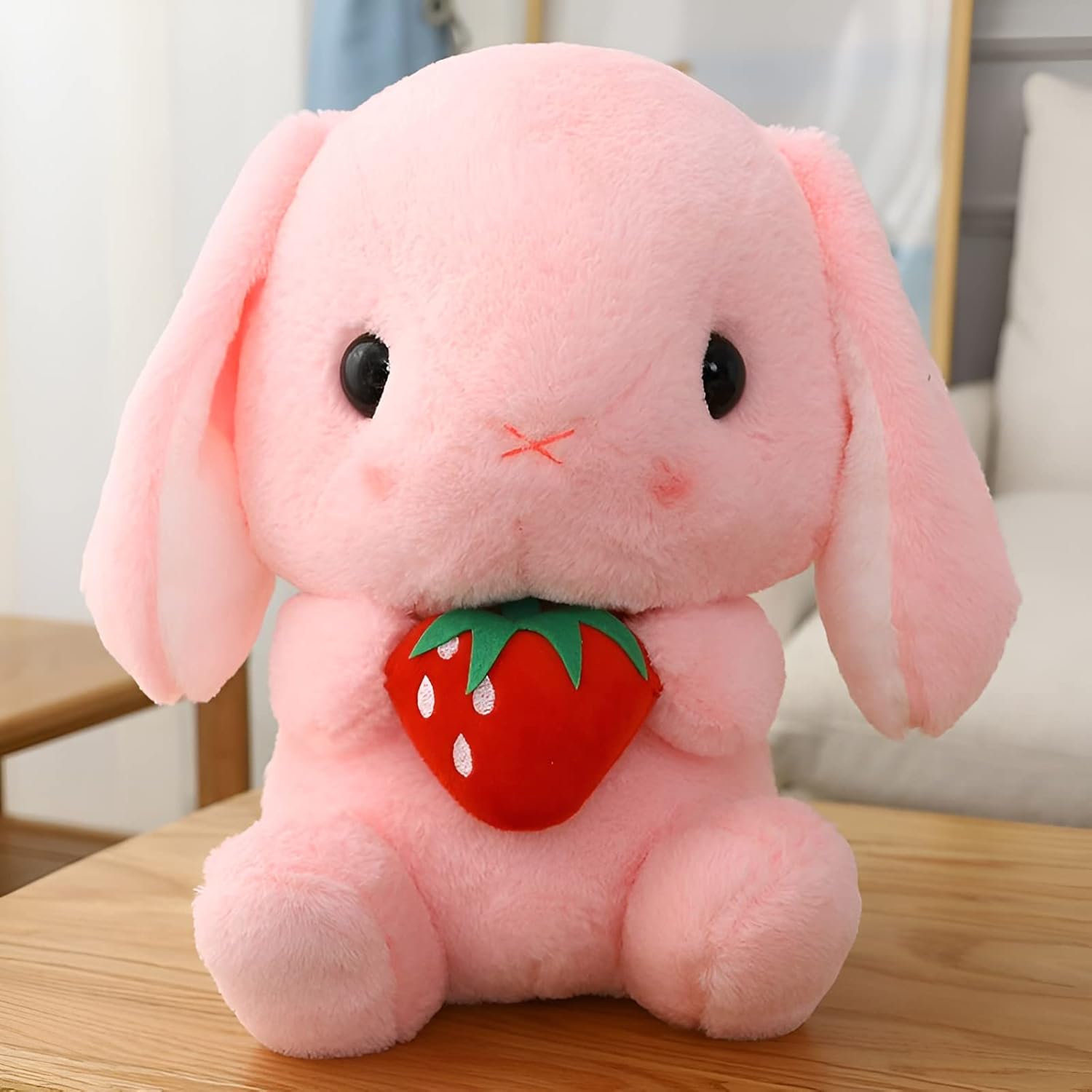Soft Toy - Sitting Lop Eared Rabbit, Easter White Rabbit Stuffed Bunny Animal with Carrot Soft Lovely Realistic Long-Eared Standing Pink Plush Toys (Pink-Strawberry,8.6in/22cm)