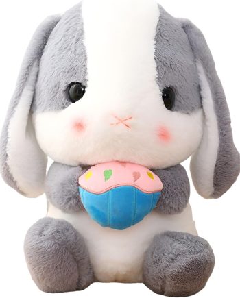 Soft Toy - Sitting Lop Eared Rabbit, Easter White Rabbit Stuffed Bunny Animal with Carrot Soft Lovely Realistic Long-Eared Standing Pink Plush Toys (Ash White-Cake,8.6in/22cm)