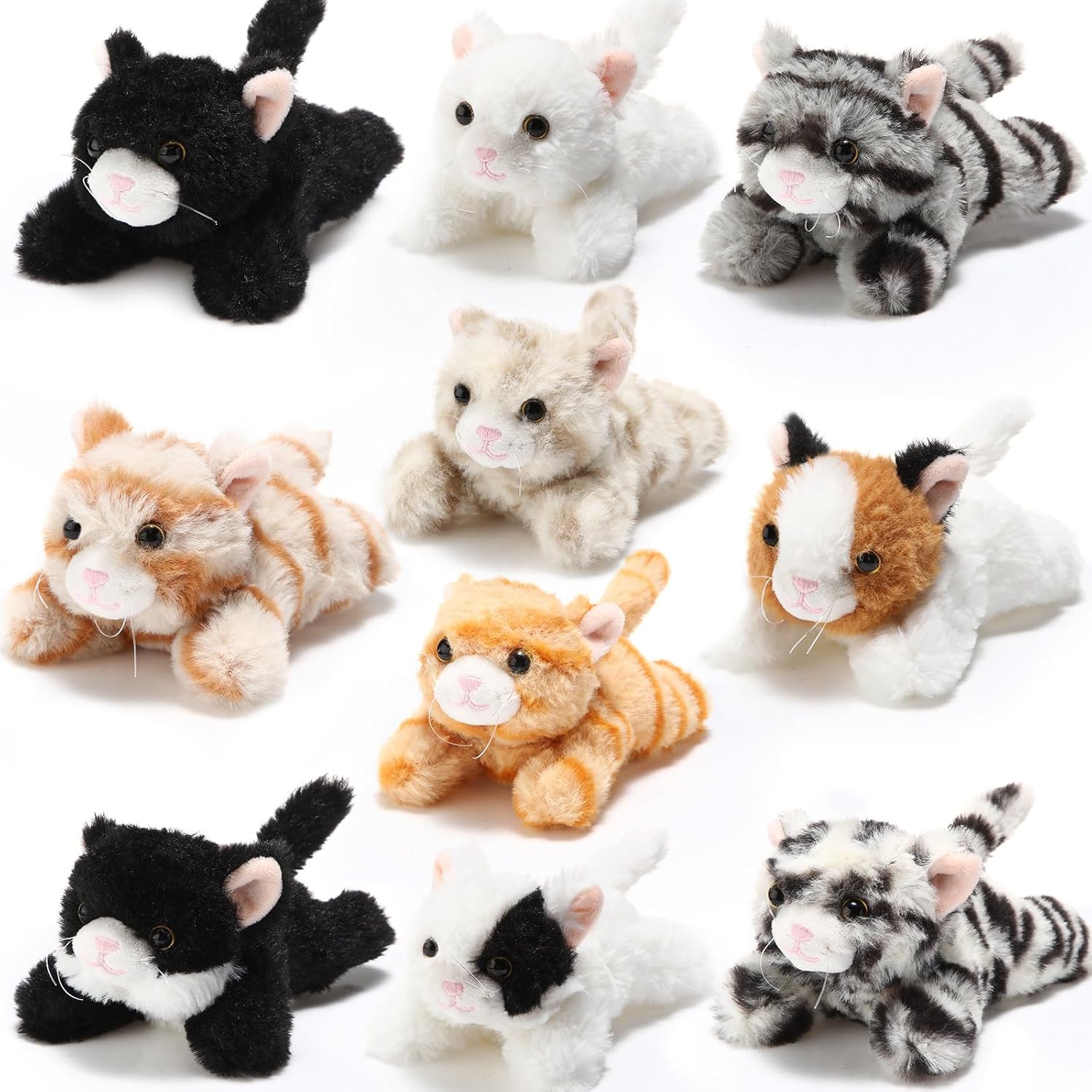 10 Pcs Cat Stuffed Animals Bulk Soft Cuddly Kitten Plush Sets Smitten Kittens Assorted Fluffy Stuffed Cats for Kiddos Birthday Gift Pet Party Favors Operation Christmas Stuffers(Prone Style)