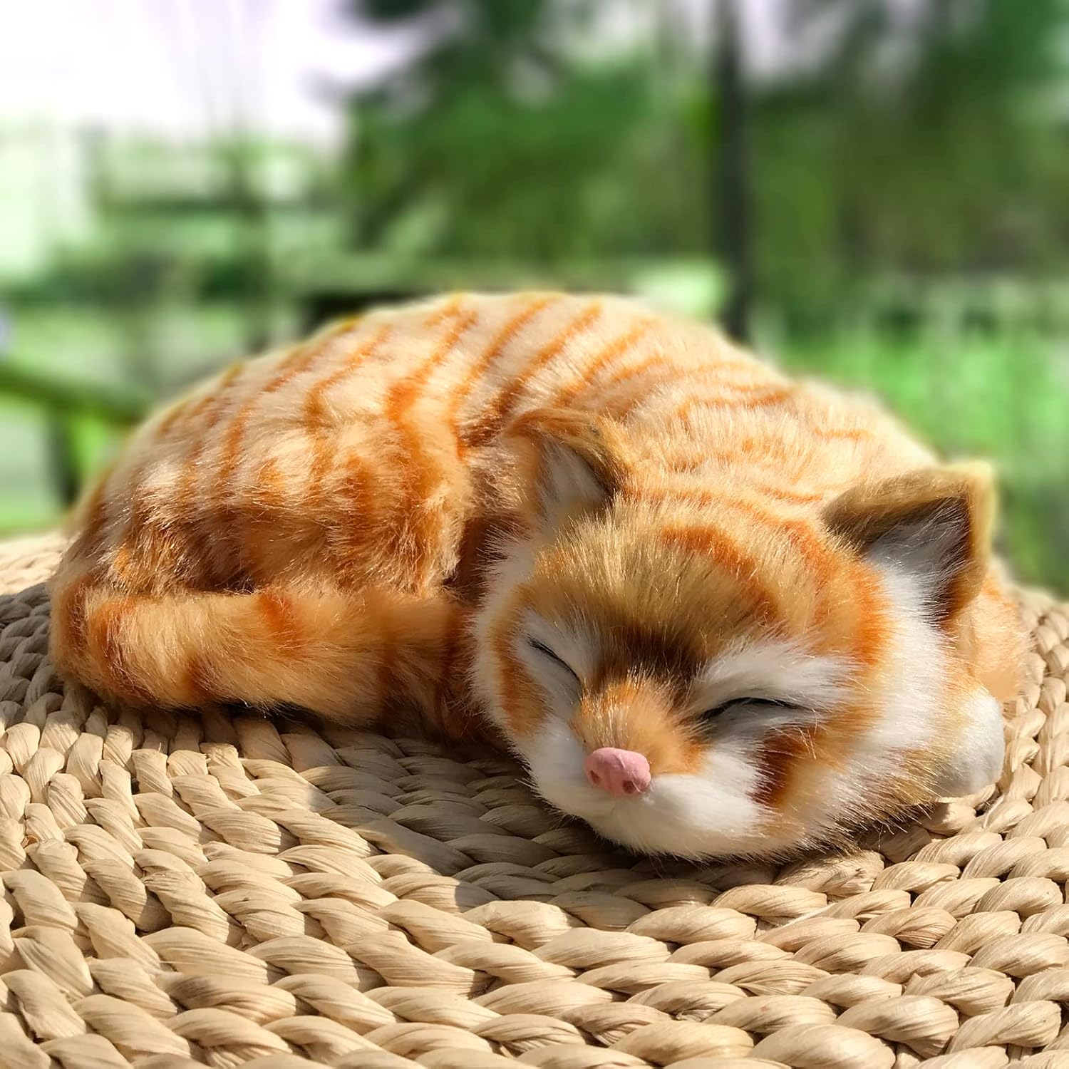 Lifelike Sleeping Cat Orange Tabby Figurine - Realistic Curled Up Kitten Statue, Faux Fur Kitty Decor, Handcrafted Catto Home Office Shelf Display, Collectible Gift Feline