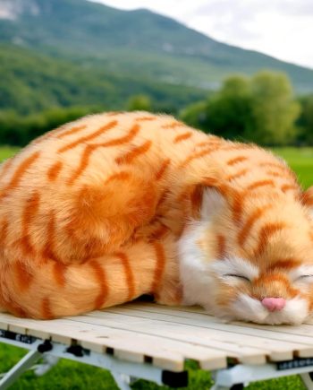 Lifelike Sleeping Cat Orange Tabby Figurine - Realistic Curled Up Kitten Statue, Faux Fur Kitty Decor, Handcrafted Catto Home Office Shelf Display, Collectible Gift Feline