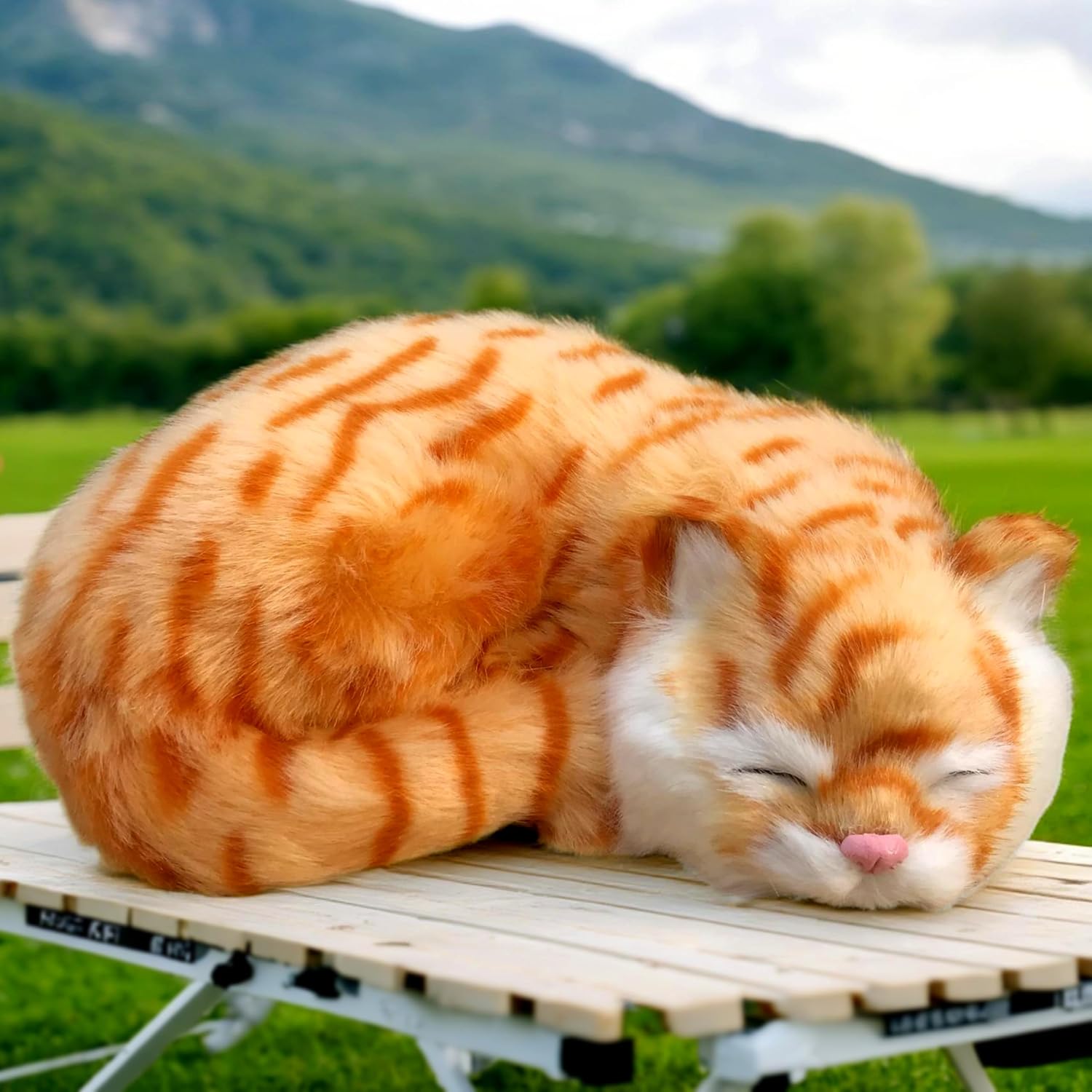 Lifelike Sleeping Cat Orange Tabby Figurine - Realistic Curled Up Kitten Statue, Faux Fur Kitty Decor, Handcrafted Catto Home Office Shelf Display, Collectible Gift Feline