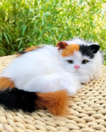 Realistic Calico Cat Figurine - Lifelike Plush Kitten Stuffy with Poseable Tail, Home Decor, for Kitty Lover Memorial for Pet Loss, Photo Props, Stuffed Baby Cat