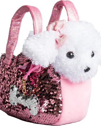 Pet Plush Set with Purse w/Reversible Sequins & Charm - Stuffed Animal Toy for Kids Ages 4-5 - 6-7 - Stuffed Animal Purse - Stuffed Animals for Girls - (White Labradoodle)